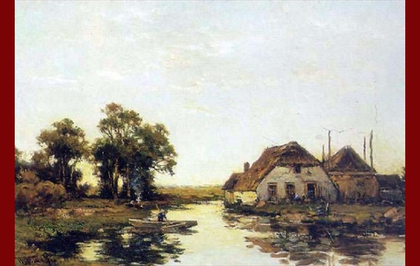 A farmer punting in a polder landscape