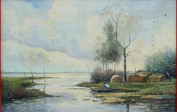 A figure in a boat and homes along the shore