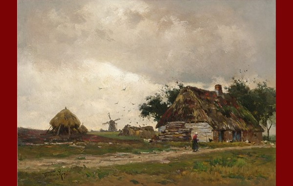A peasantwoman on a country road, dark clouds gathering