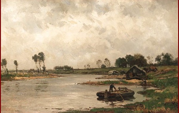 A river landscape with a peasant on a barge