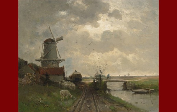 A windmill in a river landscape