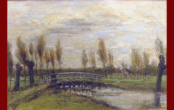 Landscape with trees, bridge, house, river